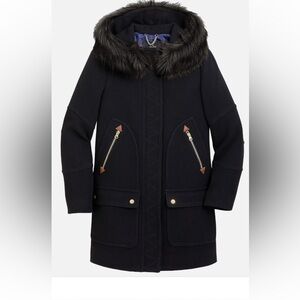 New j crew chateau parka Black Hooded Coat with Faux Fur Trim 14 tall